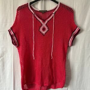 Tommy Bahama Women S Coral Pink Crochet Knit Top Short Sleeve Linen Cotton